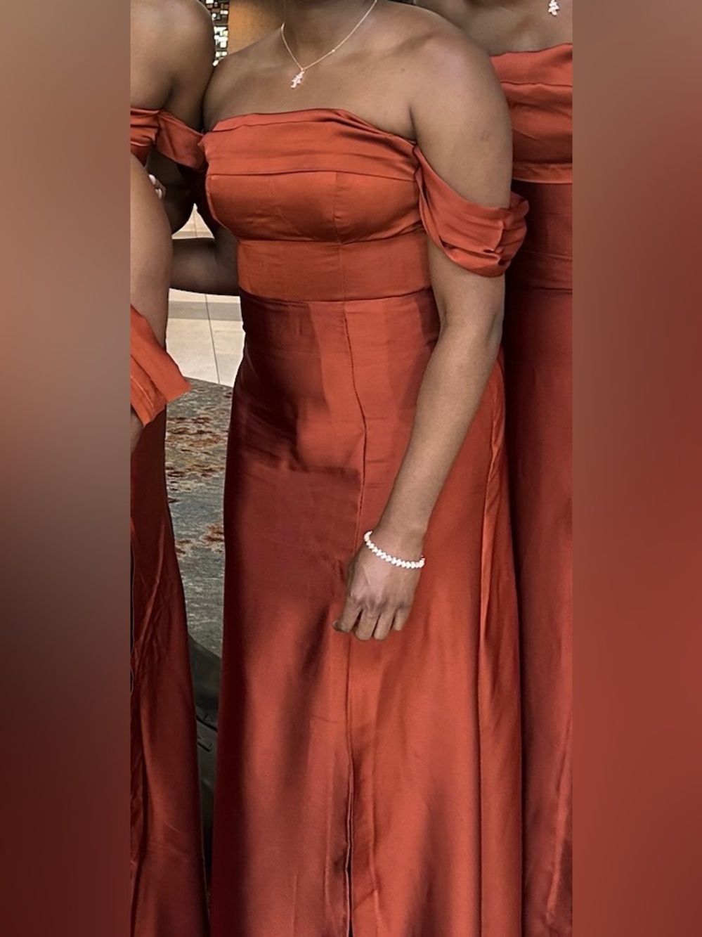 Rust Orange Satin Off-Shoulder Evening Dress